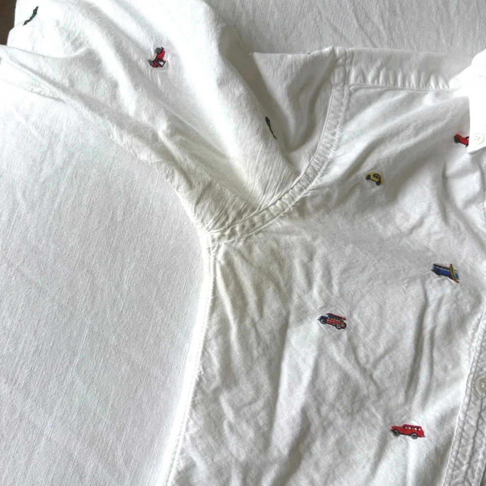 J. Crew White Embroidered‎ Car Surfboard Oxford Shirt G4742 SU17 Sm Distressed